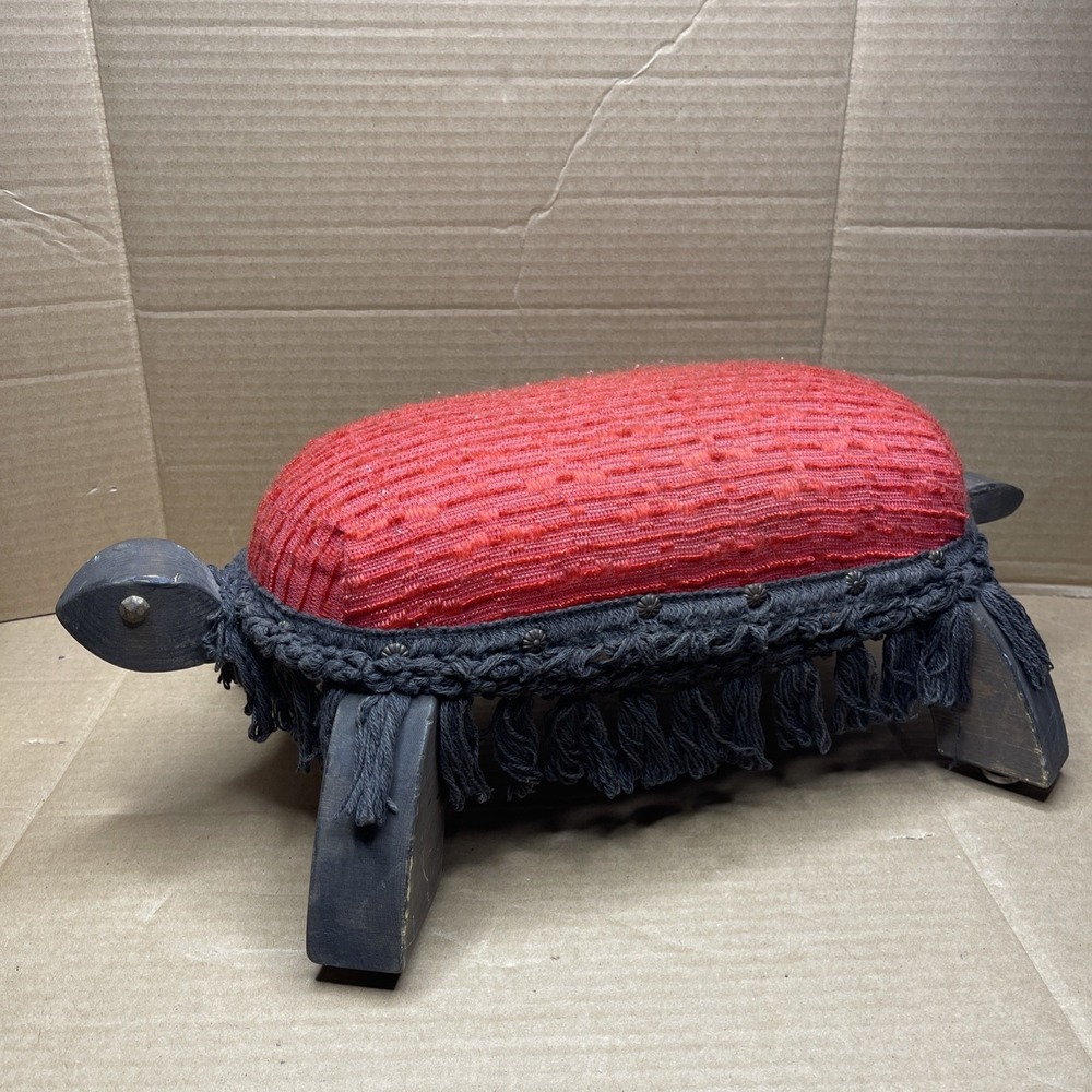 Vintage Upholstered Foot Stool Ottoman Wood Legs Fringe Tassels Antique Decor